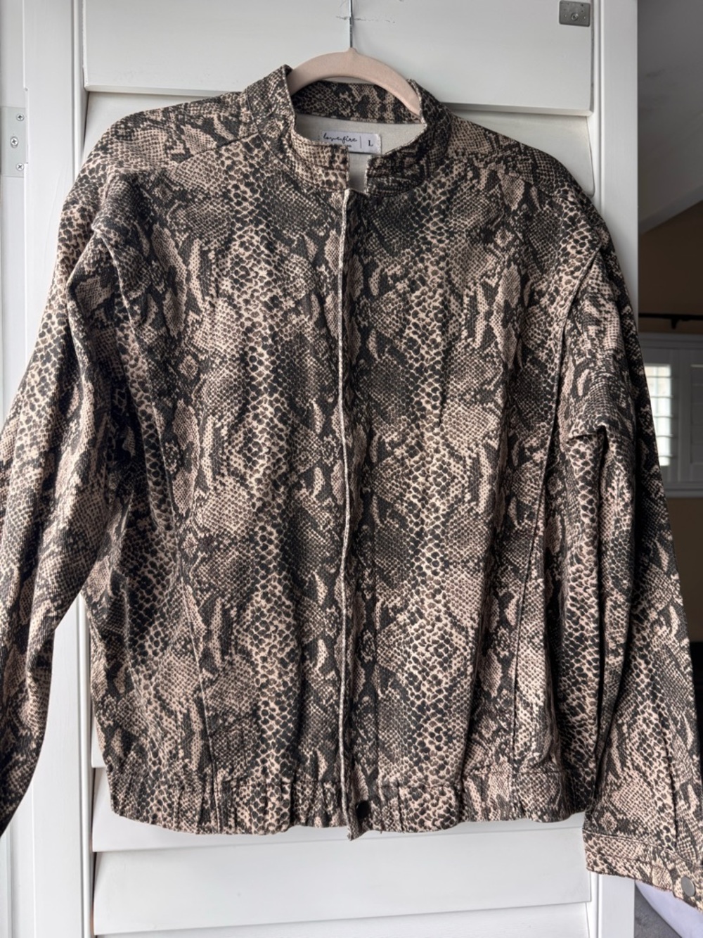 love, Fire Snake-Print Bomber Jacket in Taupe and Black